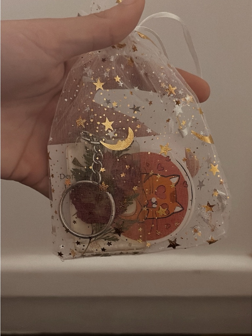 Cute Fox Enamel Pin & Keychain Set in Gold-Star OrganzA Bag